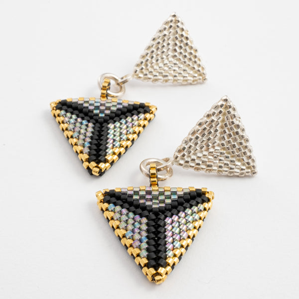 black, crystal grey and gold beaded contemporary geometric beadwork on bead textured sterling silver triangle stud earrings